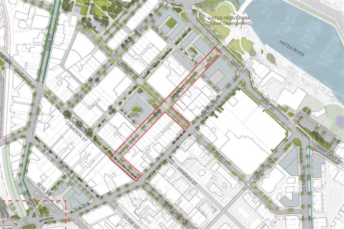 A map of Whangarei city centre showing the area of John, Robert and Campbell streets proposed for the project.