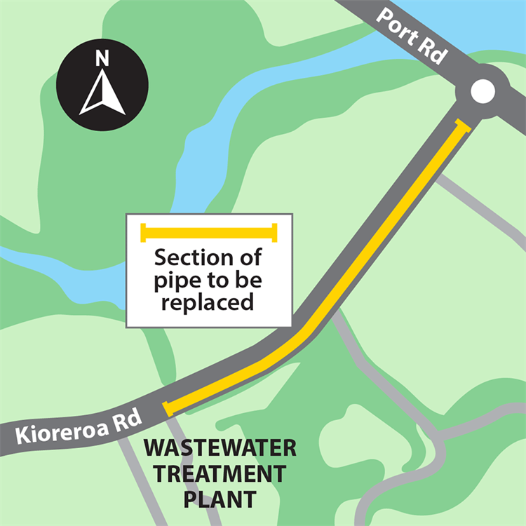 Map showing the section of pipe that is going to be replaced on Kioreroa Road. 