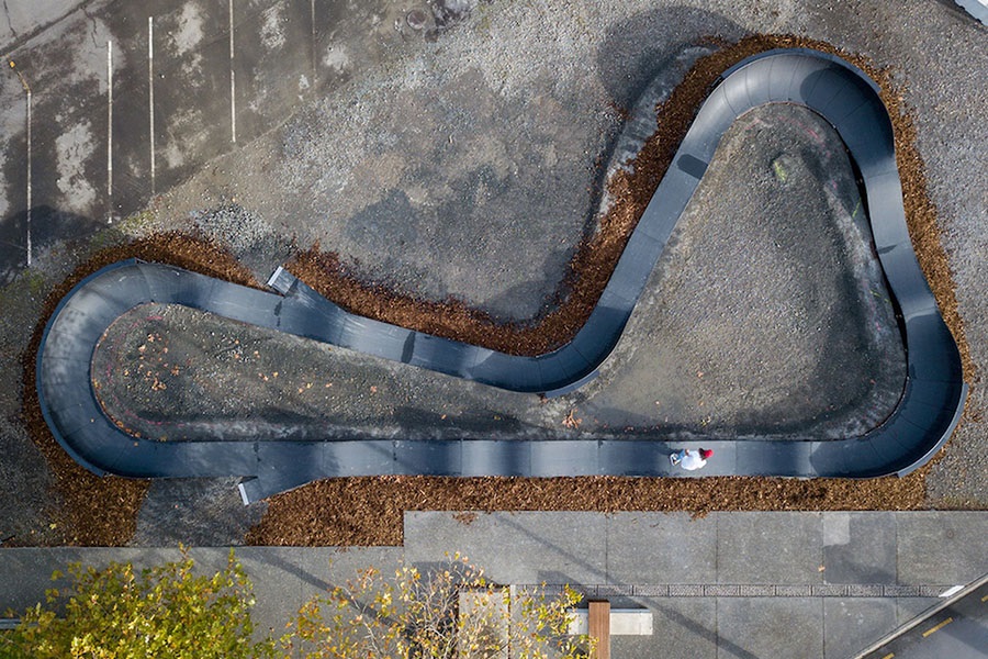 An aerial view of the pump track. 