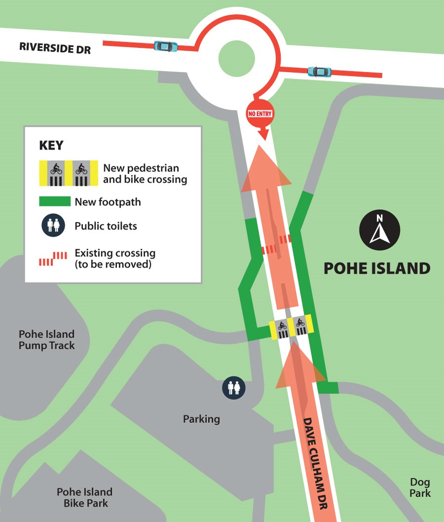 Map showing one-way traffic along Dave Culham Drive from Port Road to Riverside Drive.