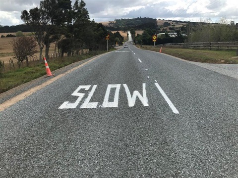 Photo of road markings including the word slow on the road.  