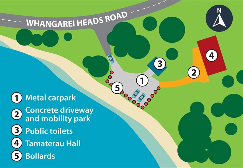 A graphical map showing built features at Tamaterau Beach. 