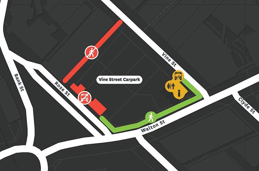 A map showing Rose Street bus stop relocation. 