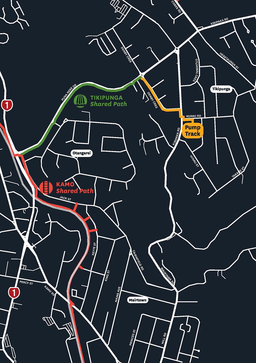 map showing route from Kamo Shared Path to the pump track. 