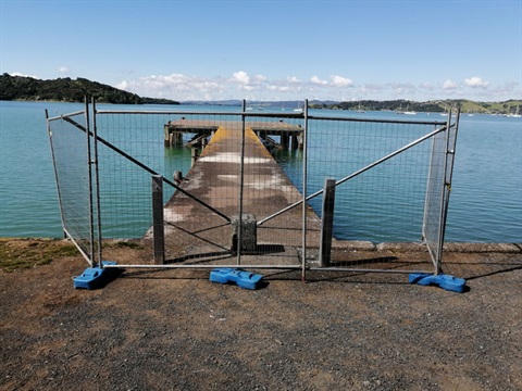 Picture of the wharf at Wharf Road fenced off to public. 