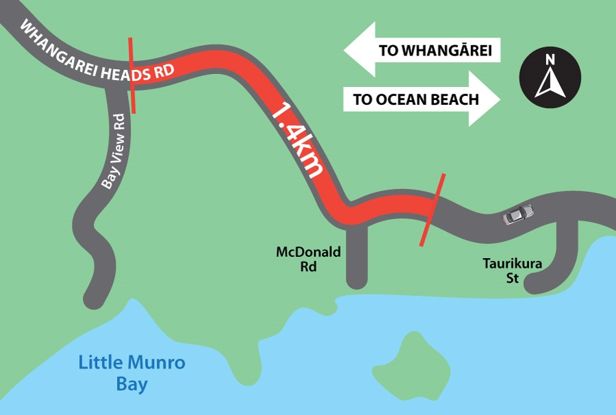 Section 3 - From Bay View Road to approximately 2288 Whangarei Heads Road (1.4km) during June and July 2025.