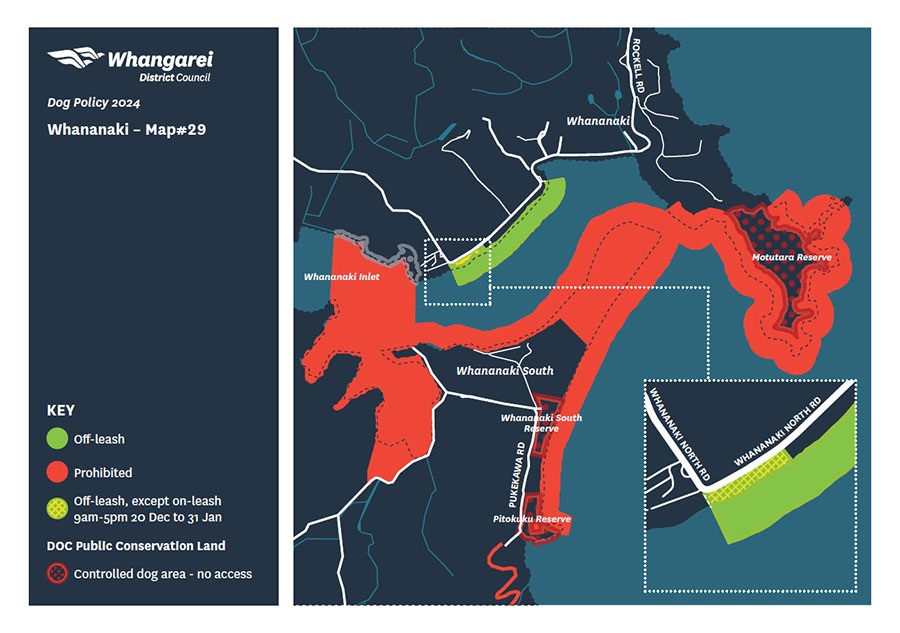 Map showing dog access rules for Whananaki.