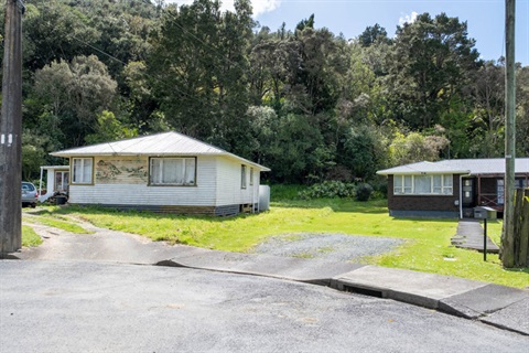 Image of two houses with lots of trees in the background. 