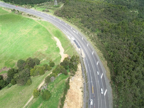 Aerial shot showing repair work for underslip on northern side of Brynderwyn Hills. 