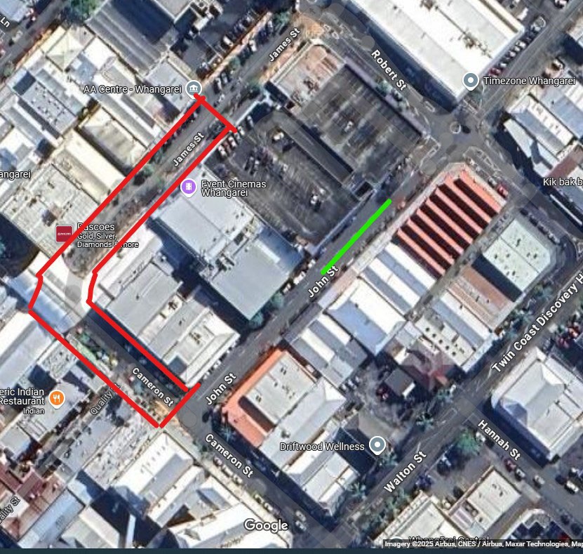 A map showing the closure of a section of James Street and Cameron Street. 