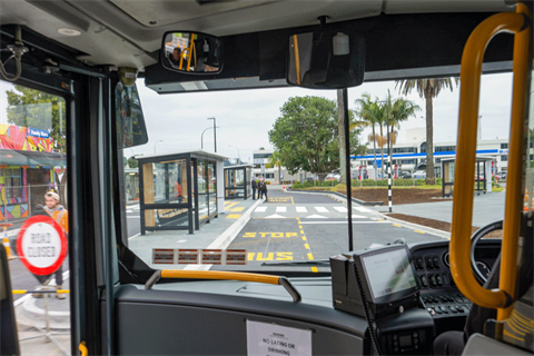 Photo showing Rose Street bus terminal as viewed from inside an arriving bus. 