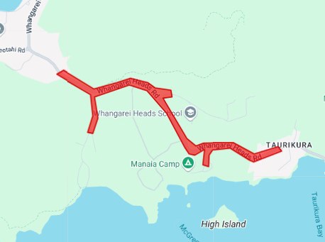 Map showing the section of roadworks on Whangarei Heads Road from Bay View Road to Taurikura.