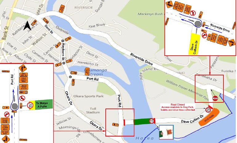 Map showing closure of Dave Culham Drive and Te Matau a Pohe with a detour route. 