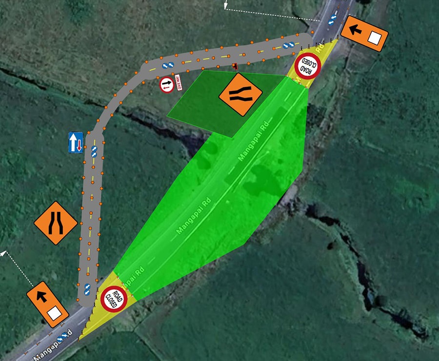 Map showing Mangapai Road temporary bypass, detail.