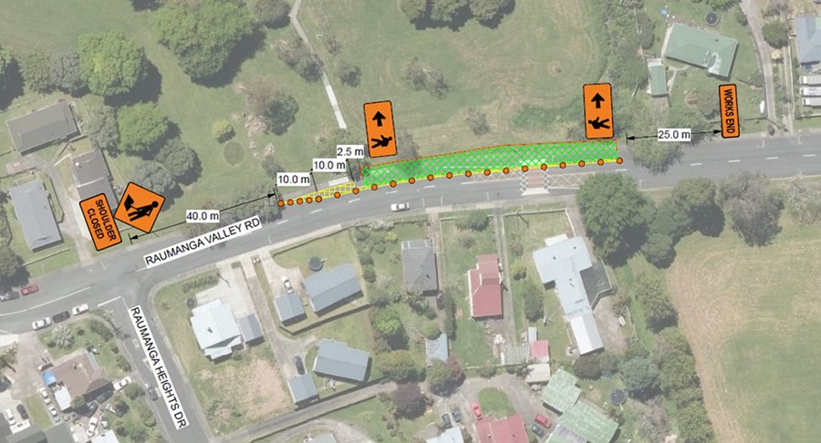 Showing the location of roadworks on an aerial view of Raumanga Valley Road. 