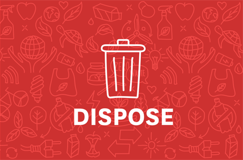 An illustration of a bin on a red background with Dispose written underneath. 