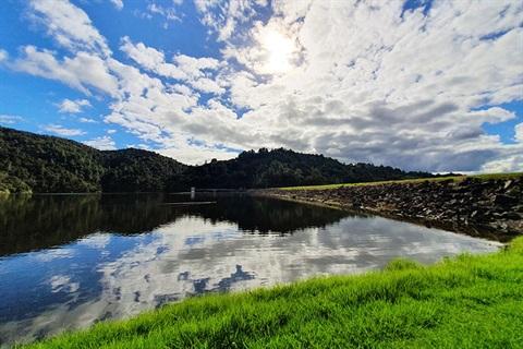 A photo of Whau valley Dam with a bright blue sky above and green grass in the foreground.