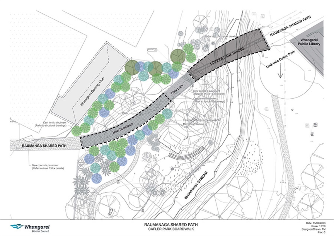 A detailed plan showing the areas of the new boardwalk and path linking Lovers lane Bridge to Raumanga Shared Path. 