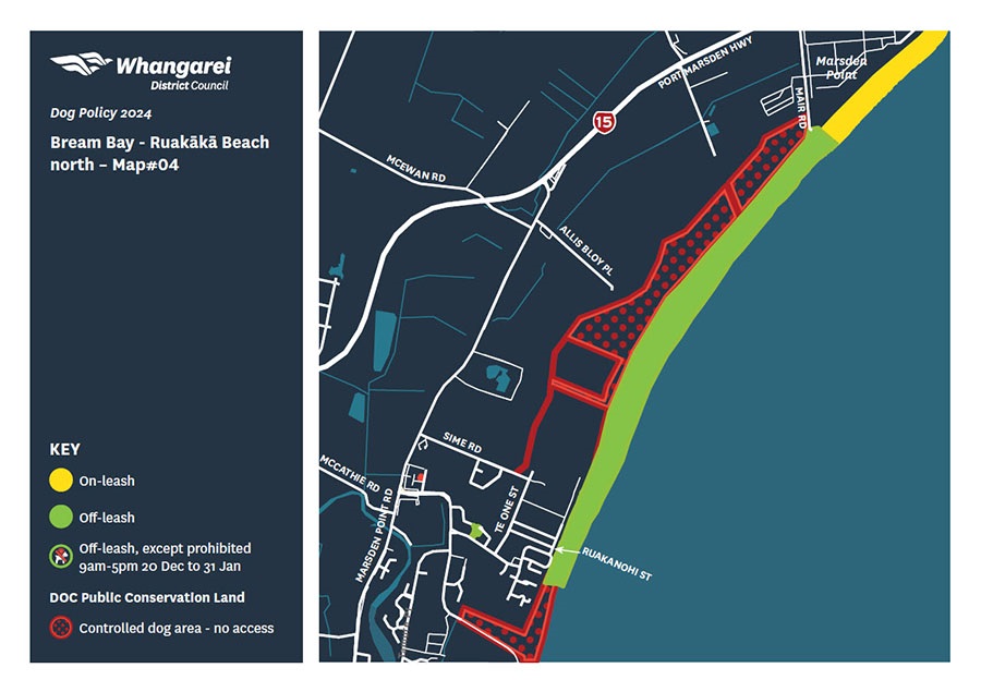 Map showing dog access rules for Bream Bay and Ruakaka Beach.