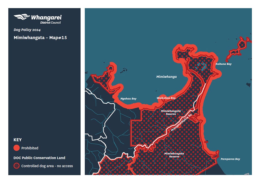 Map showing dog access rules for Mimiwhangata.