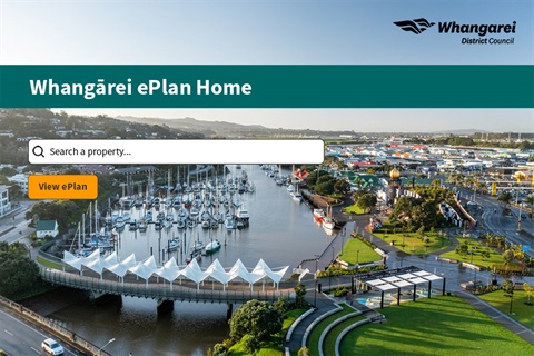 Whangarei ePlan homepage which shows the Town Basin, search box and a view map button. 