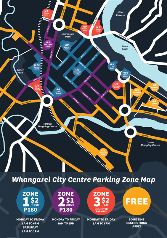 Parking zone map which shows the parking zones, fees, time limits and when the fees are payable. 