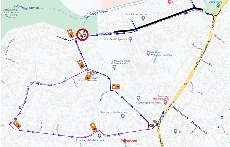 A detour map for the Raumanga Valley Road roadworks. 