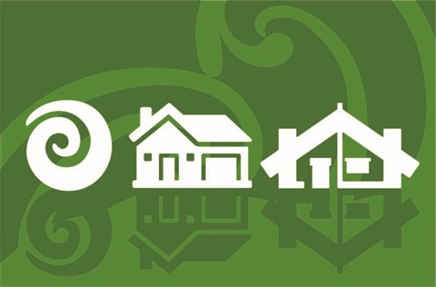 White icon images of a koru spiral, house and a Maori meeting house on a green background.