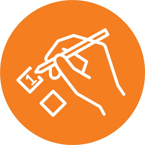 Orange icon with a hand, pen and a number in a box. 