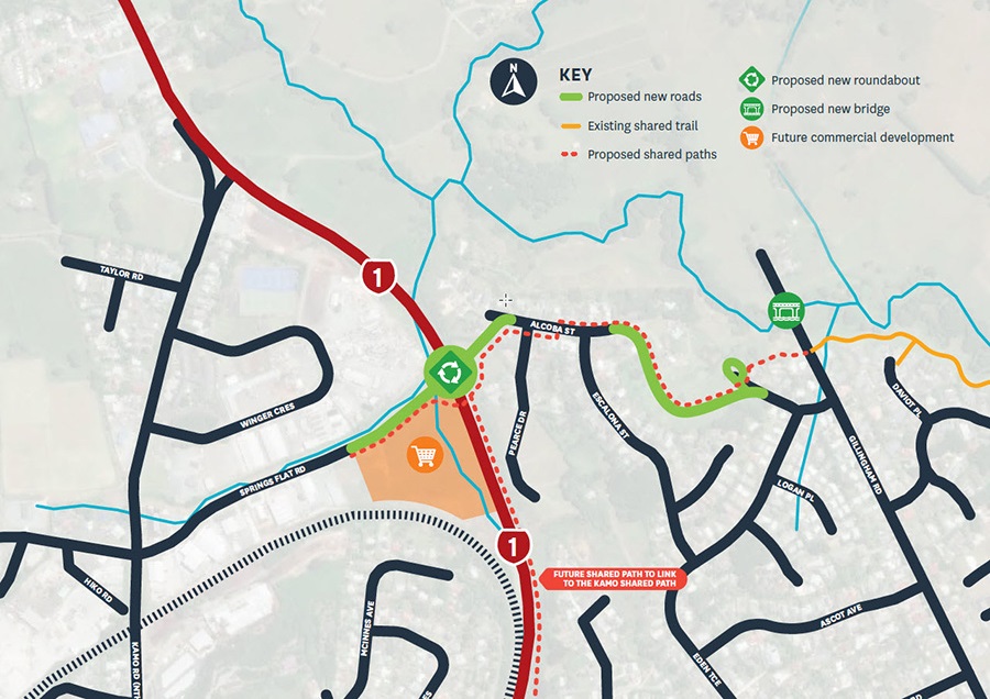 A map of the Springs Flat roading project, including proposed new roads, roundabout and bridge.