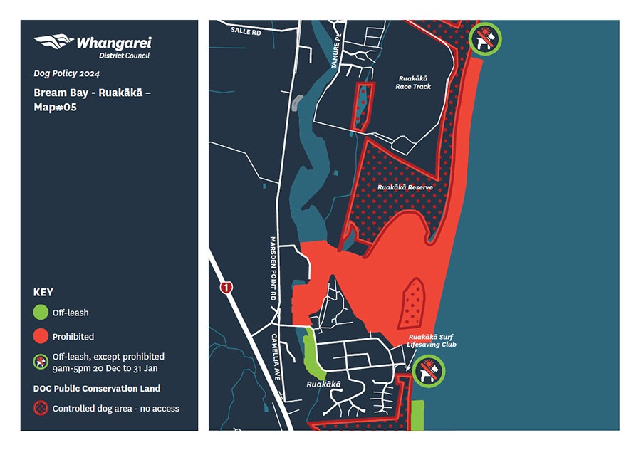 Map showing dog access rules for Bream Bay and Ruakaka.