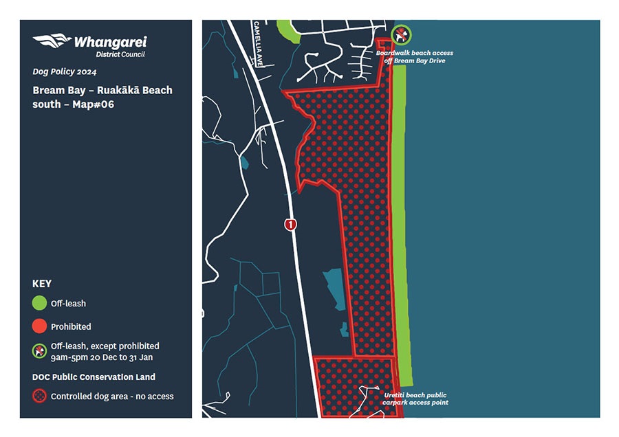 Map showing dog access rules for Bream Bay and Ruakaka Beach south.