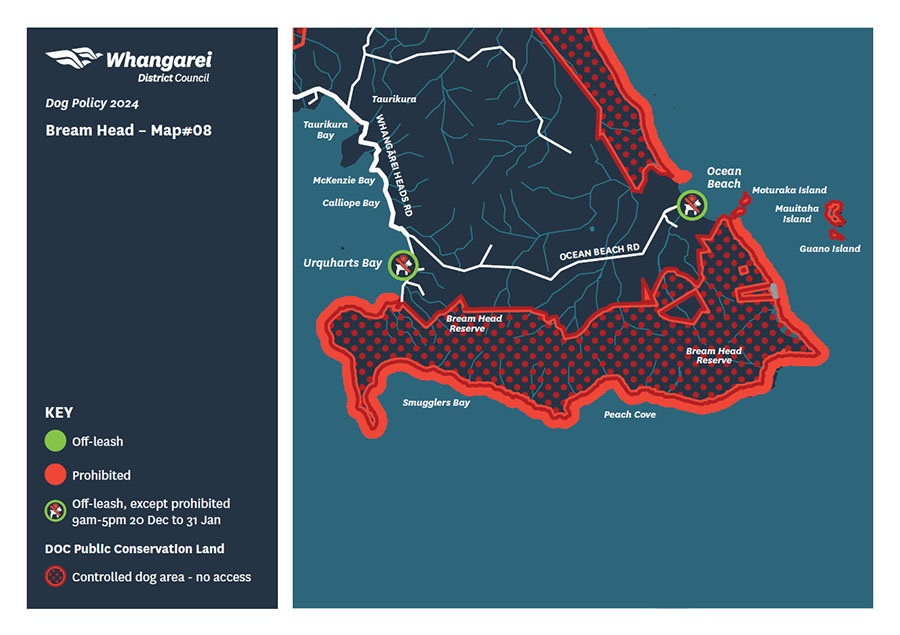 Map showing dog access rules for Bream Head.