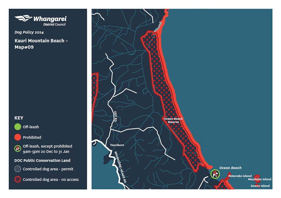 Map showing dog access rules for Kauri Mountain Beach.