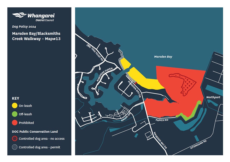 Map showing dog access rules for Marsden Bay Blacksmiths Creek Walkway.