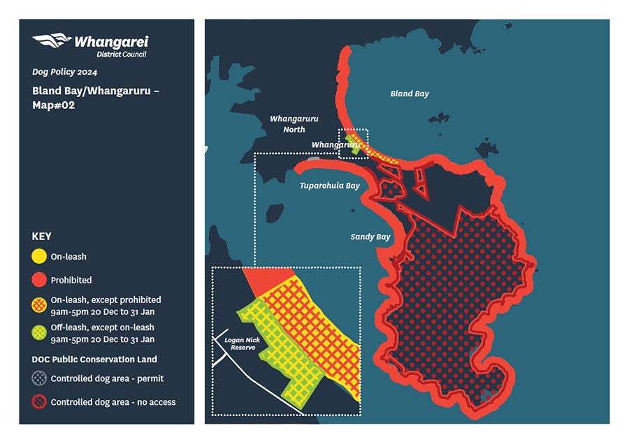 Map showing dog rules for Bland Bay Whangaruru.