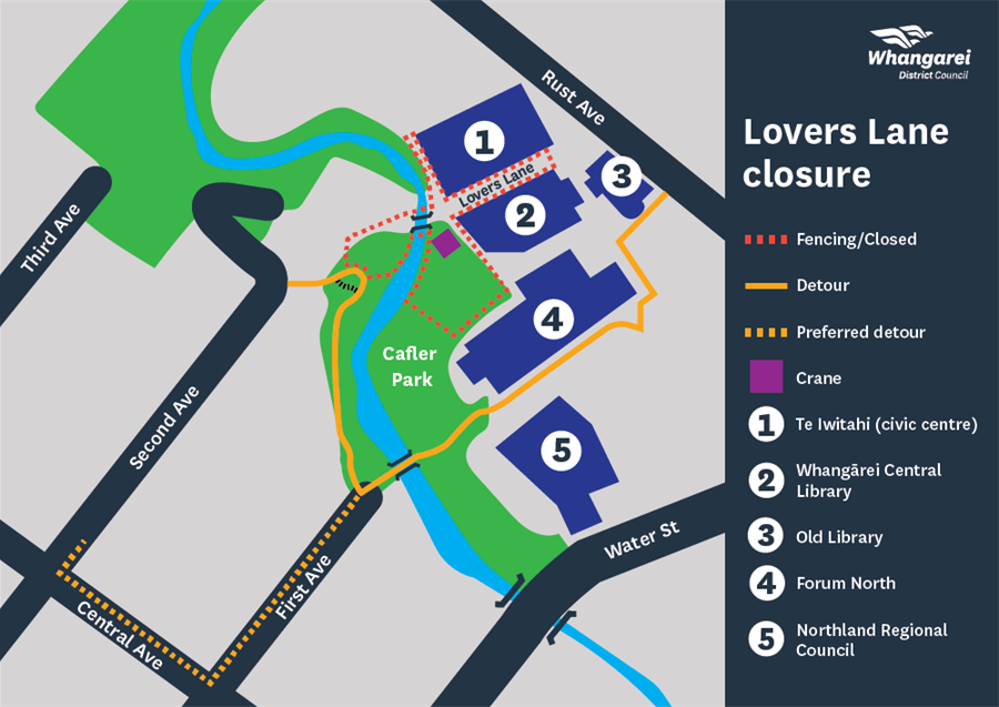 Map showing detour routes during replacement of Lovers Lane bridge. 