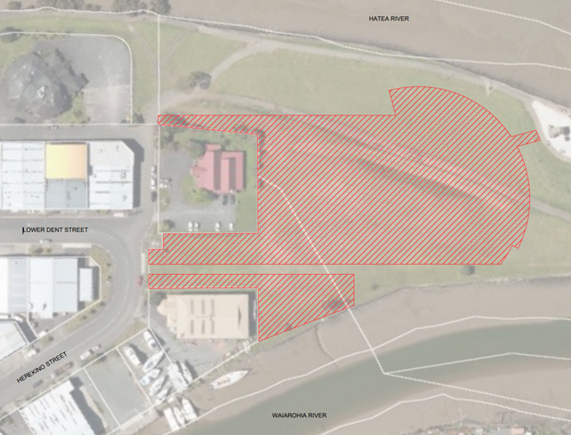 Map showing proposed lease area on green open space on the Hihiaua peninsula at Town Basin. 