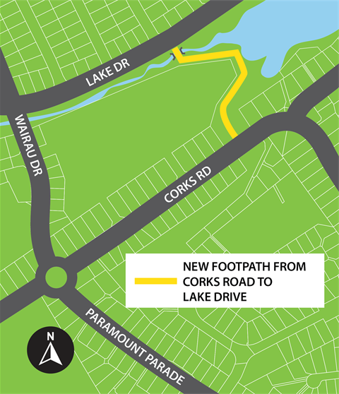 A stylised map showing where the new Corks Road to Lake Drive footpath will be built. 