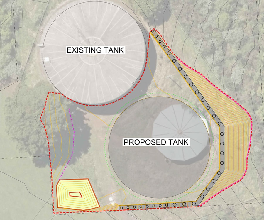 Map showing location of new and existing tank at dip road reservoir. 