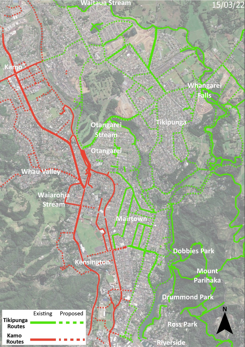 Map showing current and proposed routes for Tikipunga shared path. 