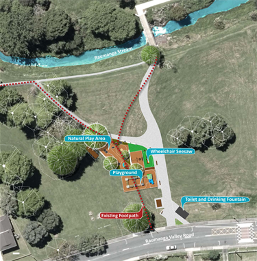 Map showing location and amenities at the new playground at Raumanga Scenic Reserve.