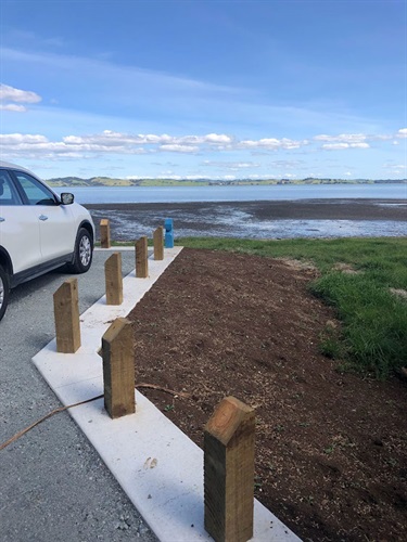 Image of bollards and upgraded carpark on Tamaterau Beach.