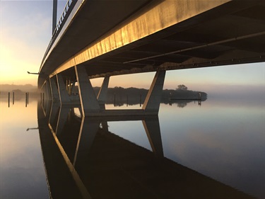 An artistic photo showing a view under Te Matau a Pohe bridge on a foggy morning.