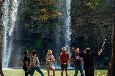 Image of a couple of people standing at the base of the Otuihau Whangārei Falls.