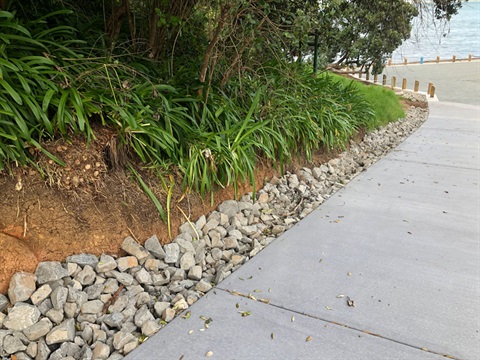 Photo of Tamaterau beach showing new carpark, vegetation and bollards. 