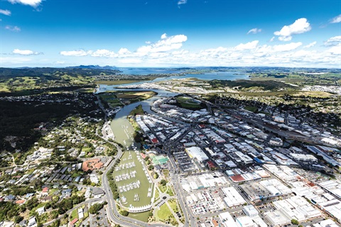 An aerial view showing Whangarei city. 