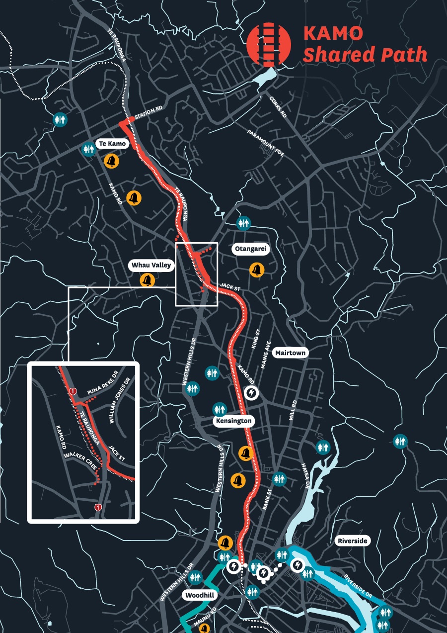 Map showing the Kamo Shared Path. 