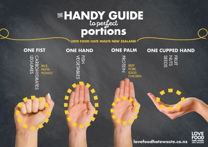 An inographic about food portions using hands to show portion size. 