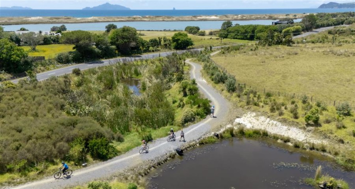 Three cyclists, a walker and a runner on the Waipu walk and cycleway, next to paddocks and with the sea in the background. 